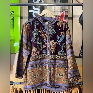 Sag Harbor Womens Tapestry Jacket, Multi-colored floral Purple Trim, size 14